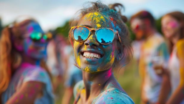 Happy young woman with color powder on her face at holi festival