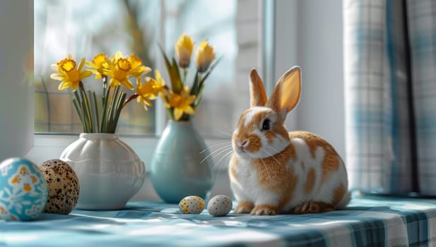 Cute bunny rabbit sitting on a windowsill next to a vase of daffodils.