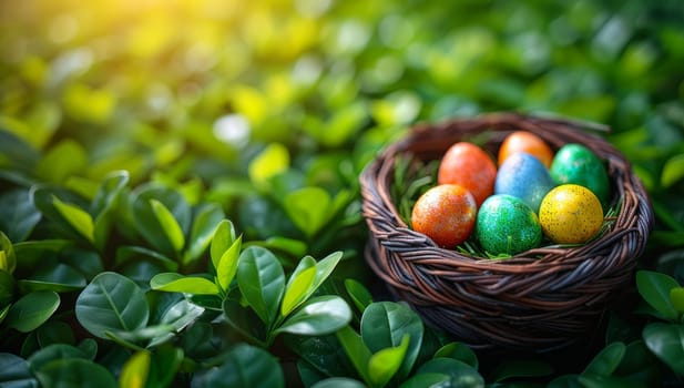 Colorful easter eggs in a basket on green grass background.