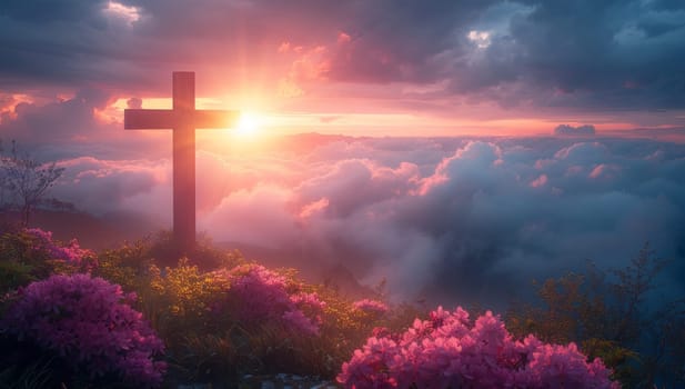 Cross on the top of the mountain with pink flowers at sunset.