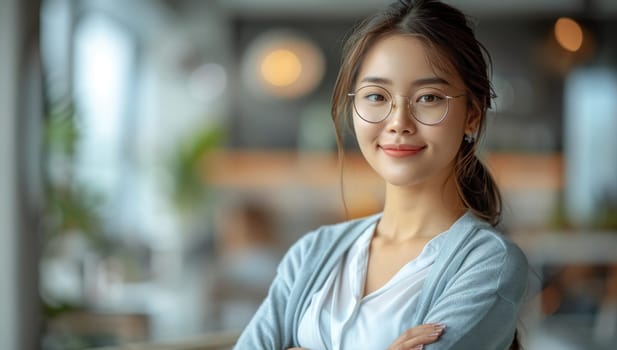 Portrait of beautiful Asian businesswoman wearing eyeglasses looking at camera and smiling while standing in cafe