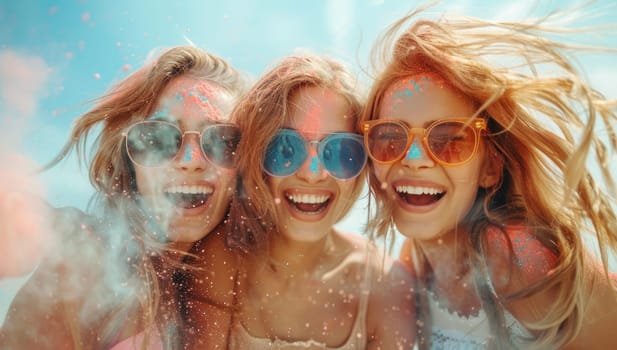 Group of friends having fun at the beach with holi powder.