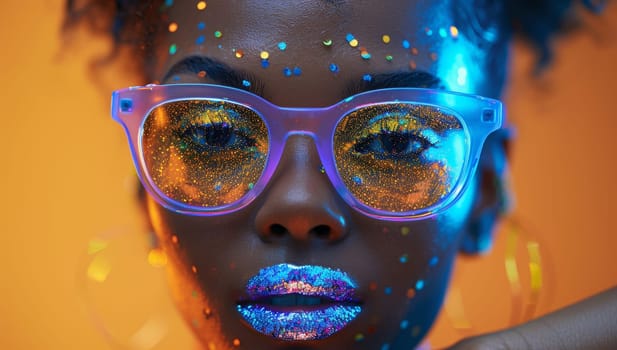 Fashion portrait of african american woman with neon makeup and sunglasses