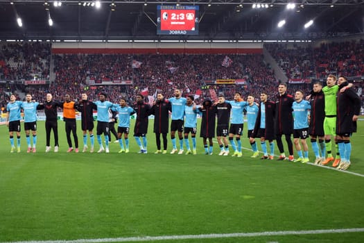 The league leaders were also unstoppable by SC Freiburg: Leverkusen celebrates the hard-fought 3-2 victory in Breisgau after the final whistle in the game of the 1. FBL: 23-24: 26. Sptg. SC Freiburg - Bayer 04 Leverkusen  DFL REGULATIONS PROHIBIT ANY USE OF PHOTOGRAPHS AS IMAGE SEQUENCES AND/OR QUASI-VIDEONann  Photo: Joachim Hahne/johapress