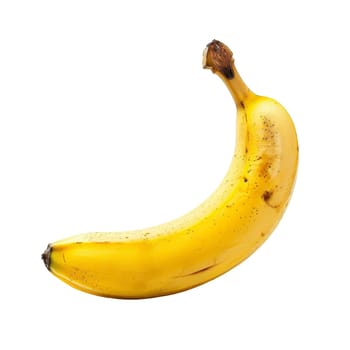 A ripe banana with small brown spots isolated on a transparent white background