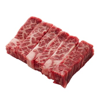 Close-up photo of four sliced pieces of raw beef stacked isolated on a transparent white background. The beef slices are various sizes and have a marbled texture