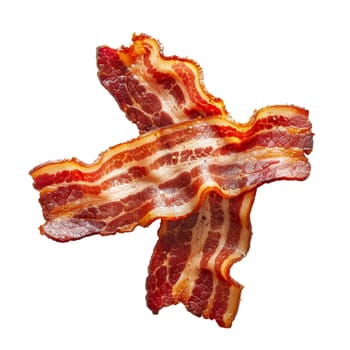 Crispy cooked bacon strips isolated on a transparent white background, showcasing their greasy texture and rich colors