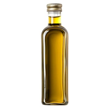 A clear glass bottle filled with golden liquid, sealed with a metal cap. Olive oil isolated on a transparent white background
