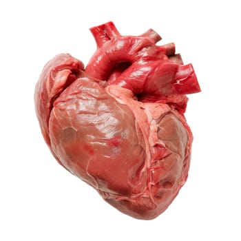 A detailed close-up of a human heart isolated on a transparent white background, showcasing its intricate structure and details
