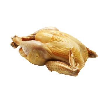 A close-up photo of a whole roasted chicken isolated on transparent white background. The chicken has crispy, golden brown skin