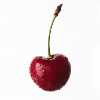 A single, red cherry with a stem and a water droplet on a white background. The cherry is round and plump with a smooth, shiny skin