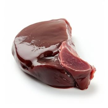 A close-up photo of a single, raw beef liver on a white background. The liver is a deep red color with a slightly rough texture