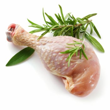 A close-up photo of a raw chicken leg with rosemary sprigs tucked underneath. The chicken leg has smooth, pink skin and rests on a white background