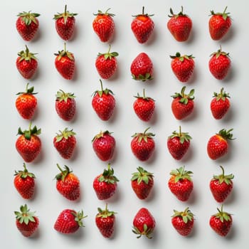 A cluster of ripe strawberries sits on a white ceramic plate. The strawberries are a bright red color with green caps and leafy stems