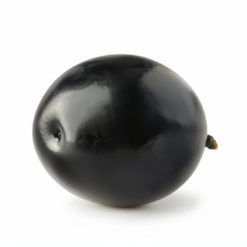 A ripe, glossy black olive with water droplets, isolated on a white background