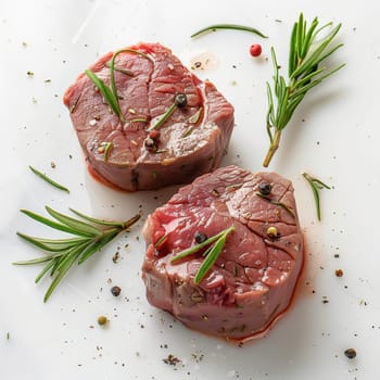 Two raw beef steaks with sprigs of rosemary and cracked black peppercorns rest on a white surface