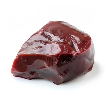 A close-up photo of a single, raw beef liver on a white background. The liver is a deep red color with a slightly rough texture