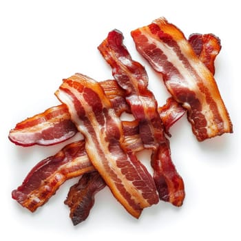 Crispy fried bacon strips isolated on a white background, top view