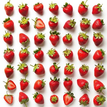A cluster of ripe strawberries sits on a white ceramic plate. The strawberries are a bright red color with green caps and leafy stems