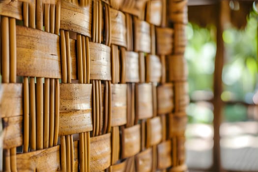 Wicker bamboo wall closeup with selective focus. Neural network generated image. Not based on any actual scene or pattern.