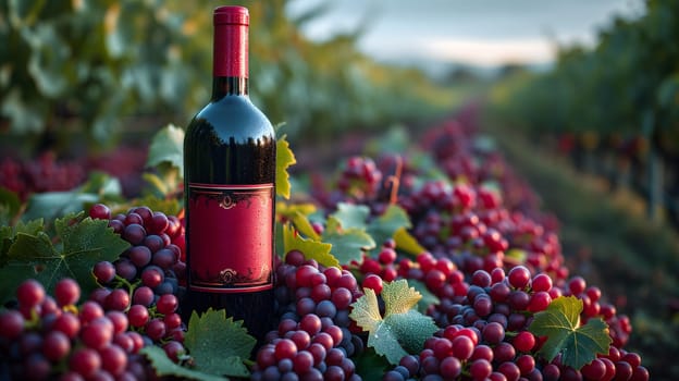A red wine bottle in front of a landscape of grape farmland. Neural network generated image. Not based on any actual scene or pattern.