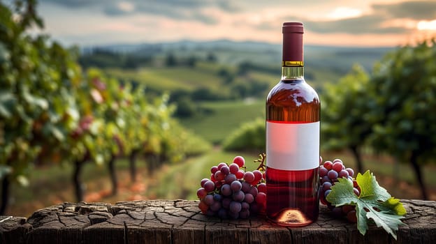 A red wine bottle in front of a landscape of grape farmland. Neural network generated image. Not based on any actual scene or pattern.
