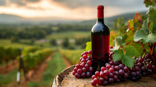 A red wine bottle in front of a landscape of grape farmland. Neural network generated image. Not based on any actual scene or pattern.