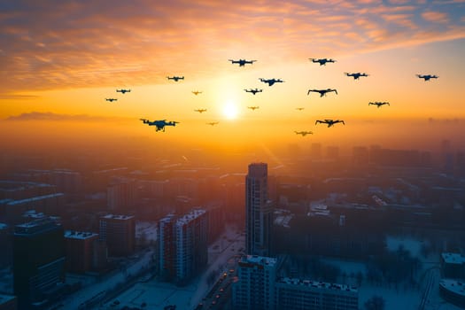 group of drones over city at winter sunset or sunrise. Neural network generated image. Not based on any actual scene or pattern.