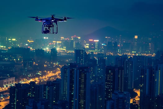 Drone above the city at summer night. Neural network generated image. Not based on any actual scene or pattern.