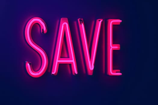 Neon word save on dark shabby wall. Neural network generated image. Not based on any actual scene or pattern.