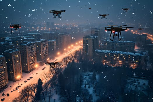 Group of drones over city at snowy winter night. Neural network generated image. Not based on any actual scene or pattern.