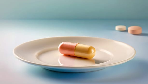 A vitamin capsule on an empty plate minimalist background. Medical pills and multivitamins as food supplements. Nutrition and dietary concept