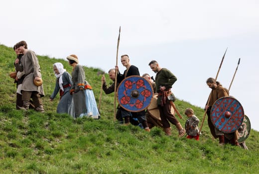 Krakow, Poland - April 11, 2023: Unidentified participants of Rekawka - Polish tradition, celebrated in Krakow on Tuesday after Easter. Currently has the character of festival historical reconstruction
