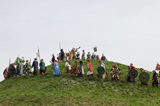 Krakow, Poland - April 11, 2023: Unidentified participants of Rekawka - Polish tradition, celebrated in Krakow on Tuesday after Easter. Currently has the character of festival historical reconstruction