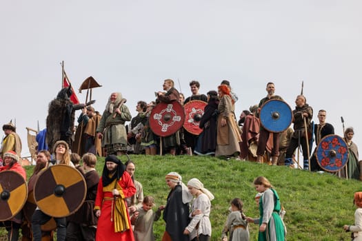 Krakow, Poland - April 11, 2023: Unidentified participants of Rekawka - Polish tradition, celebrated in Krakow on Tuesday after Easter. Currently has the character of festival historical reconstruction