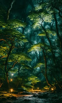 Moonlit Forest Glade. Amidst ancient trees, a moonbeam illuminates a hidden glade. Dew-kissed mushrooms glow softly, and fireflies dance in the night. Ethereal beauty of this mystical meeting place.