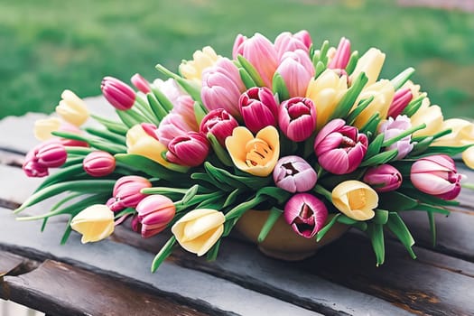 Easter Floral Delight. A composition featuring a variety of fresh spring flowers tulips arranged in a decorative Easter-themed setting, highlighting the vibrant colors and delicate petals.
