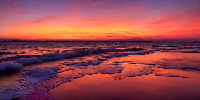 Sunset over the sea, waves on the foreground, panorama