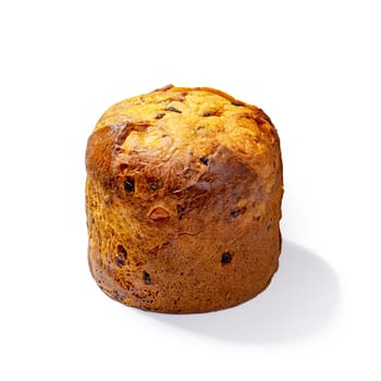 Immerse yourself in the timeless elegance of a whole classic panettone, epitomizing the essence of Italian holiday baking with its golden crust and rich, fragrant interior, showcased against white