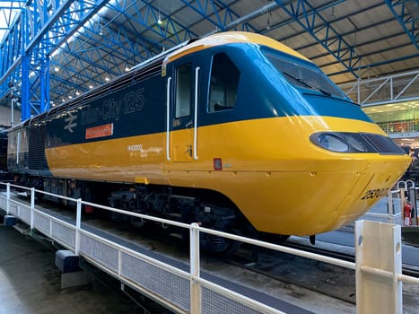 The InterCity 125 or High Speed Train is a diesel-powered passenger train built by British Rail Engineering Ltd between 1975 and 1982. The name is derived from its top operational speed of 125 mph. National Railway Museum, York, England.