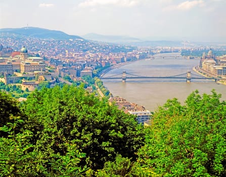 View of River Danube with Chain Bridge in Budapest, Hungary