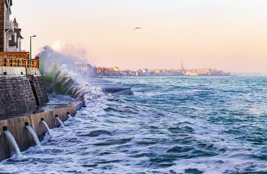 Agitated sea during high tides in Saint-Malo, France in February 2019