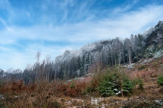 View of the great Zschirnstein with snow-covered trees and sunrise in fog, on the summit, during a hike. From the nature park in the Elbe Sandstone Mountains. Landscape from things in Germany