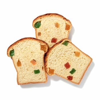 Savor the irresistible charm of three sweet bread slices filled with Turkish delight, each offering a symphony of flavors and a burst of colorful delight, elegantly presented against white backdrop