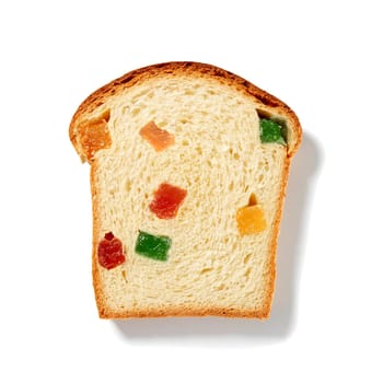 Indulge in a single slice of sweet bread filled with Turkish delight, offering a delightful burst of colors and flavors, elegantly presented against a pristine white backdrop
