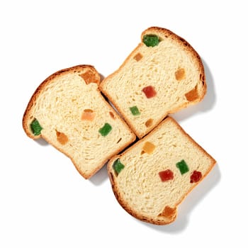 Treat yourself to three of sweet bread slices filled with Turkish delight, each slice bursting with vibrant colors and delightful flavors, beautifully arranged against a clean white backdrop.