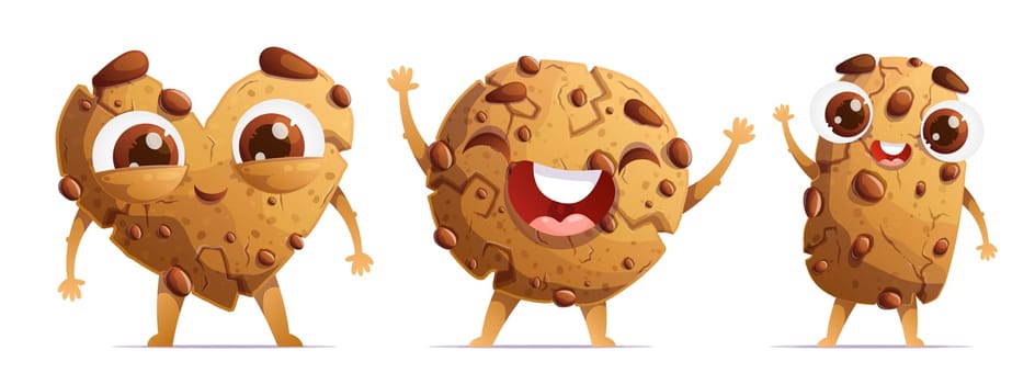 A set of three cute cartoon chocolate cookies. Emotional characters, detailed traditional chocolate chip cookies, showing cuteness, joy and greeting.