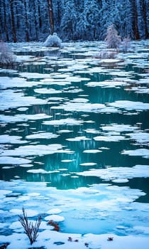 Frozen Fairy Pond. In the heart of a snow-covered forest, a pond lies frozen. Delicate frost patterns adorn its surface, and beneath the ice, mythical creatures slumber.The stillness and magic of winter.