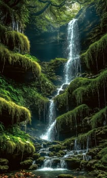 Enchanted Waterfall. A waterfall cascades down moss-covered rocks, revealing a secret grotto behind its veil. Crystal-clear water sparkles with hints of magic, and colorful flowers bloom along the banks.