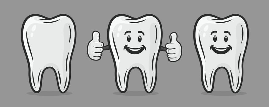 Vector Cute and Friendly Cartoon Tooth Character. Design Template for Promoting Dental Care and Toothpaste. Healthy Oral Hygiene Concept. The Smiling Tooth Character Showing Hand Gesture LIKE.